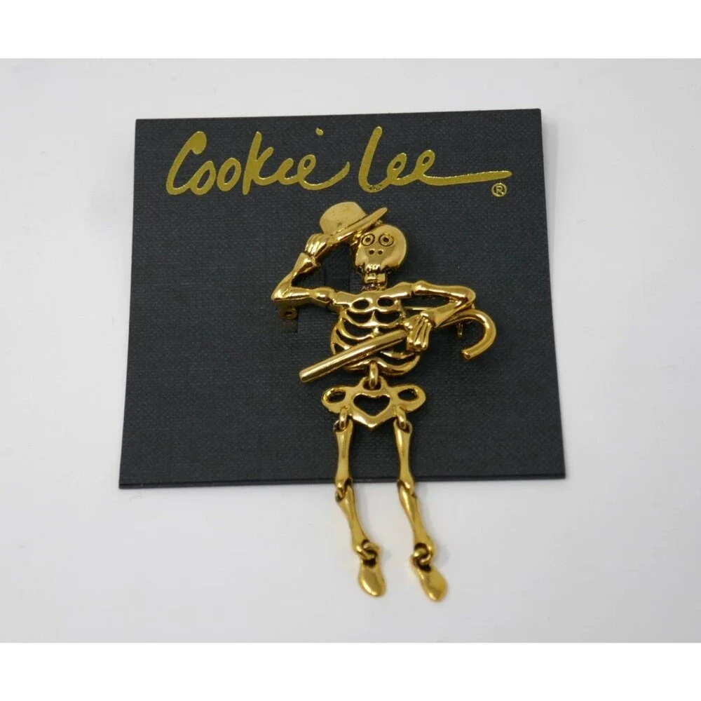 Cookie Lee Halloween Punk Goth Articulated Dangling Gold Skeleton Brooch Pin NWT